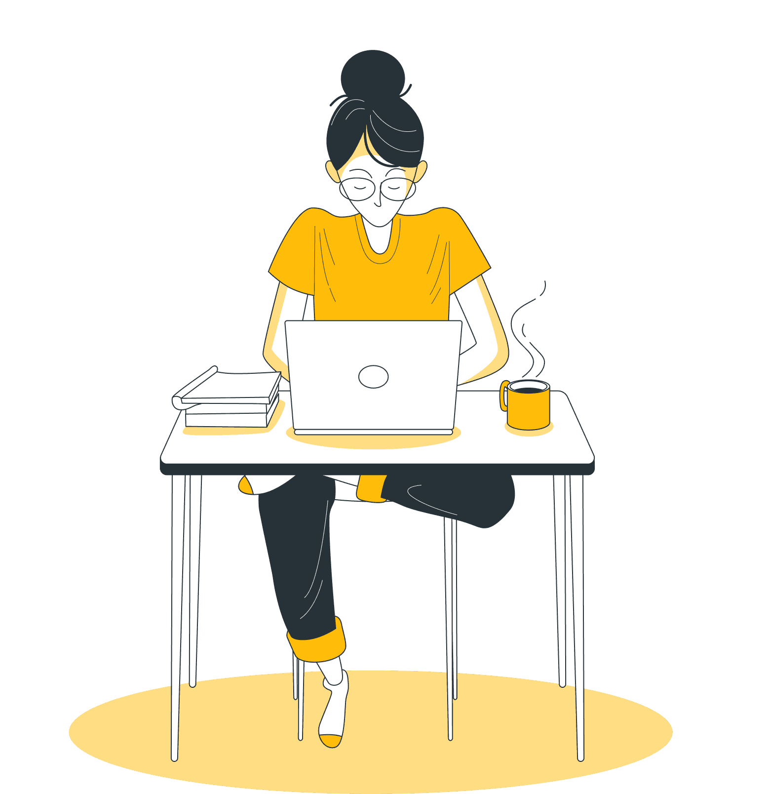 2D illustration of a lady sitting on a chair with laptop, book and cup of coffee on a table in front of her